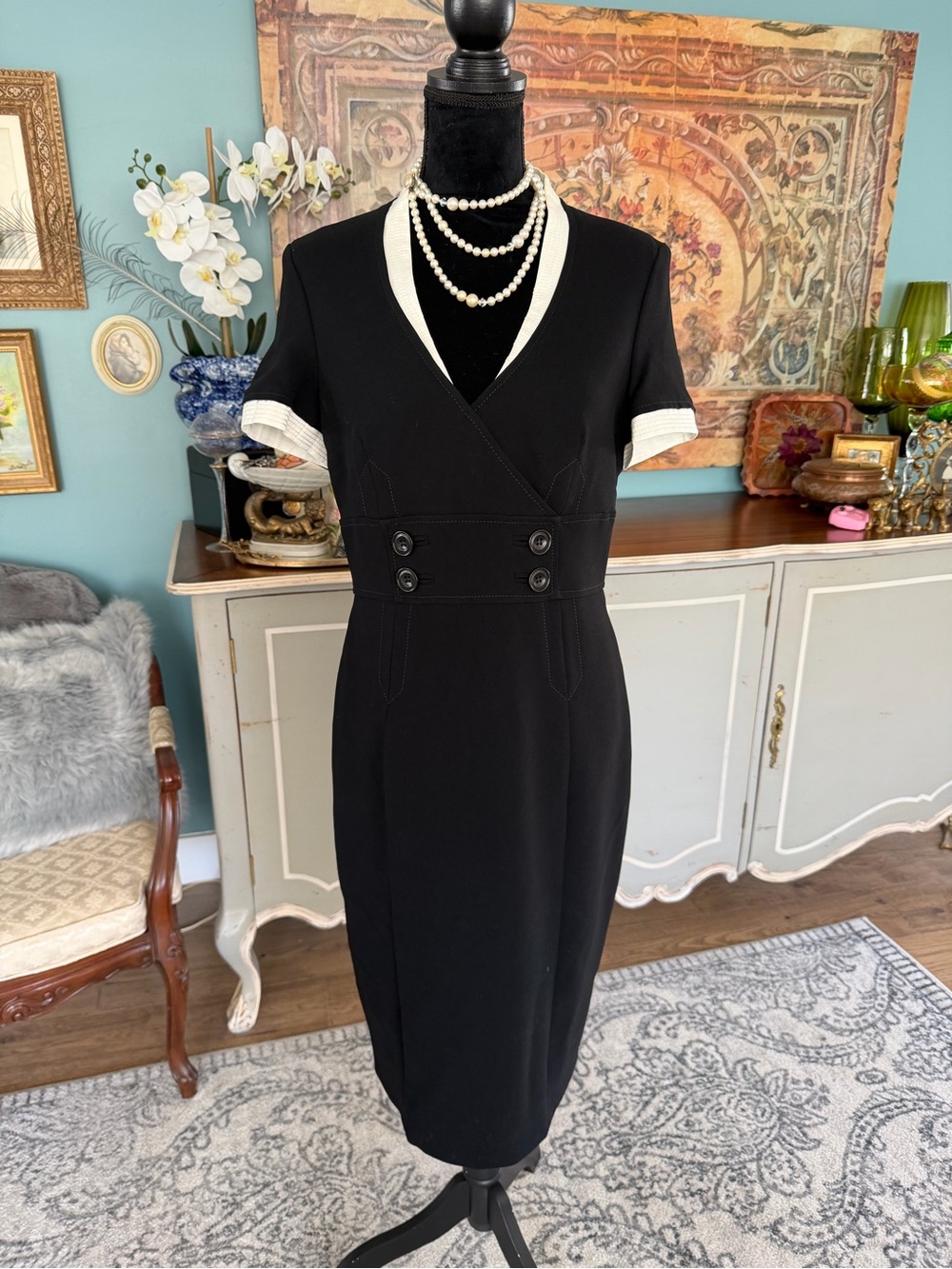 Vintage Karen Millen Classic Black V-Neck Sheath Dress with Ivory Trim